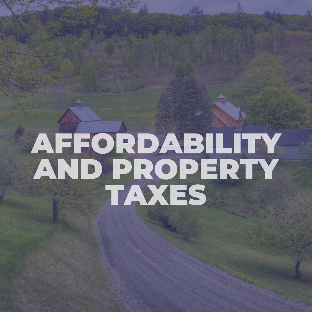 A road with houses on it and the words affordability and property taxes